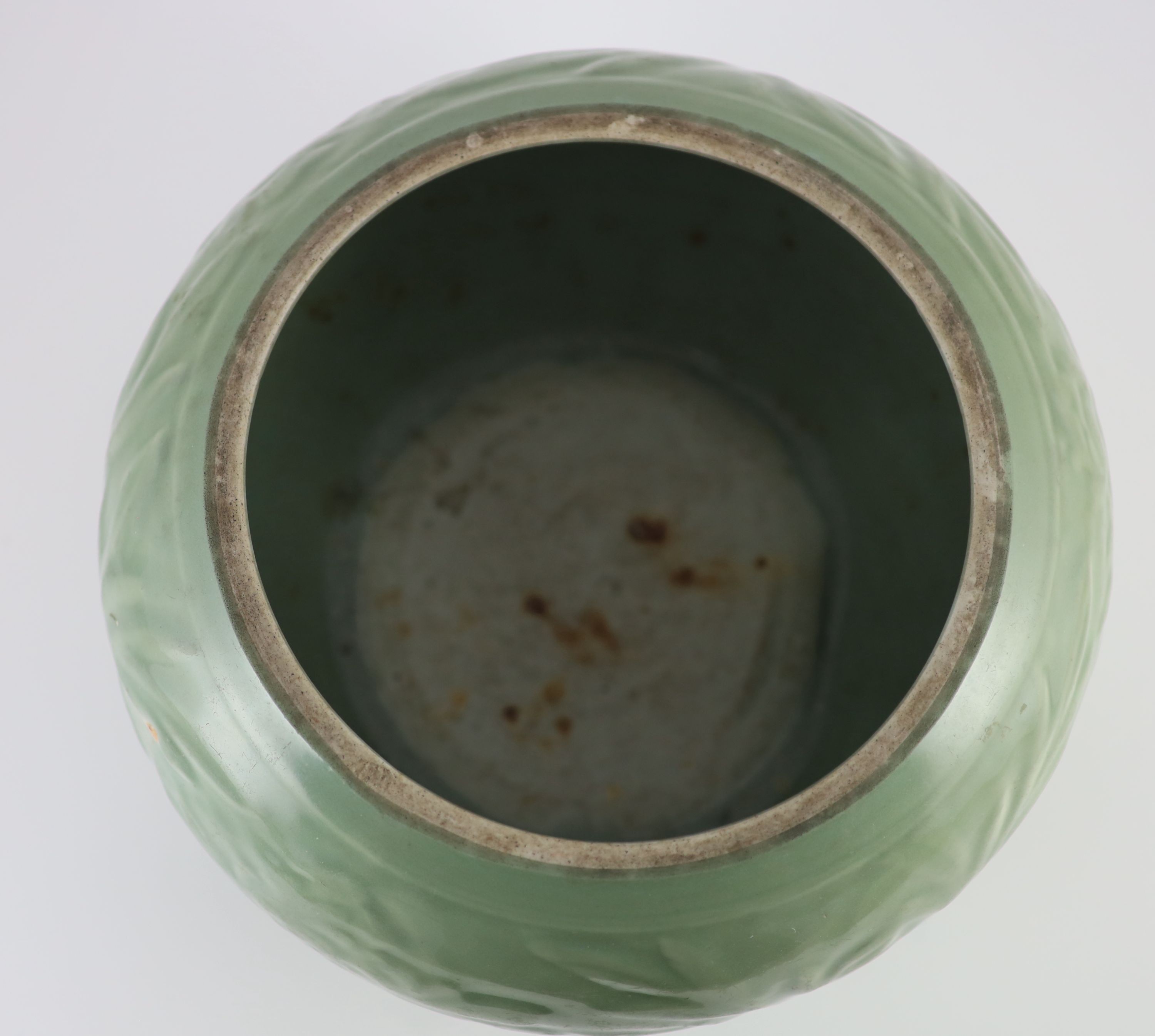 A large Chinese Longquan celadon jar, Guan, 14th century, 30.5 cm diameter, neck ground off